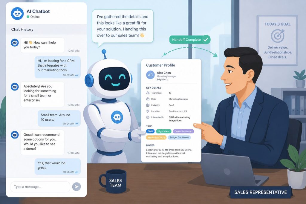 AI-сотрудник по продажам передаёт клиента человеку — чат и карточка лида
