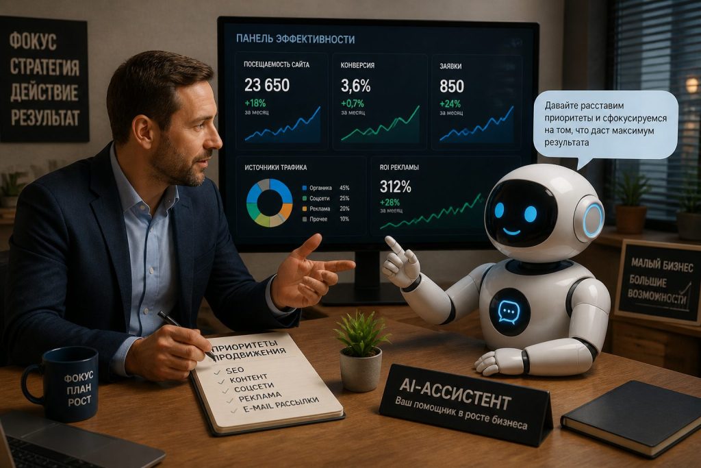 Владелец малого бизнеса обсуждает с AI‑ассистентом приоритеты SEO