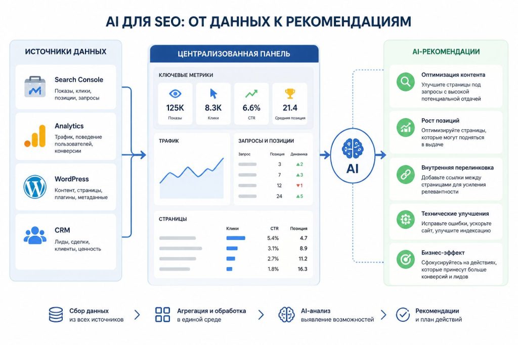 Инфографика: данные для AI-продвижения сайта — источники и поток