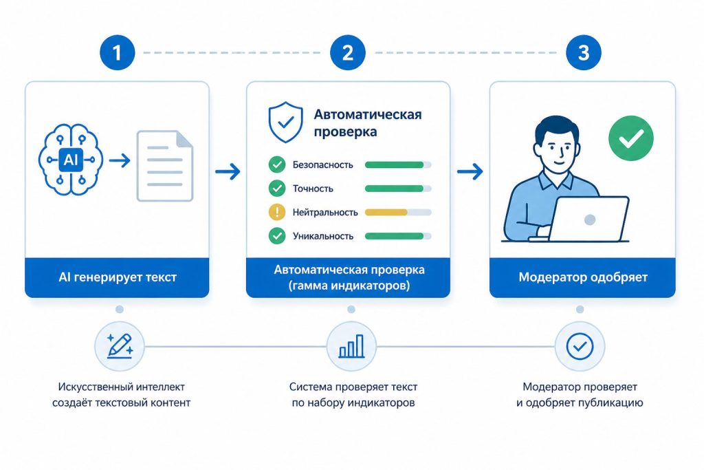 Инфографика процесс генерации черновика ИИ и модерации
