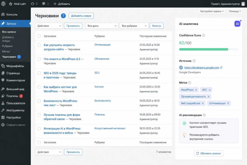 WordPress черновики с пометкой ИИ и confidence score