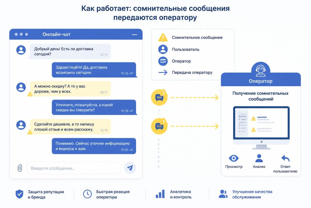 чат на сайте с пометкой сомнительных ответов и переводом на оператора