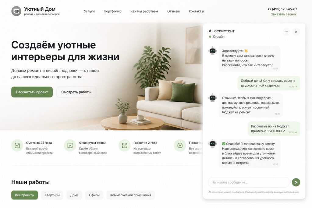 AI-ассистент на сайте уточняет данные и формирует заявку