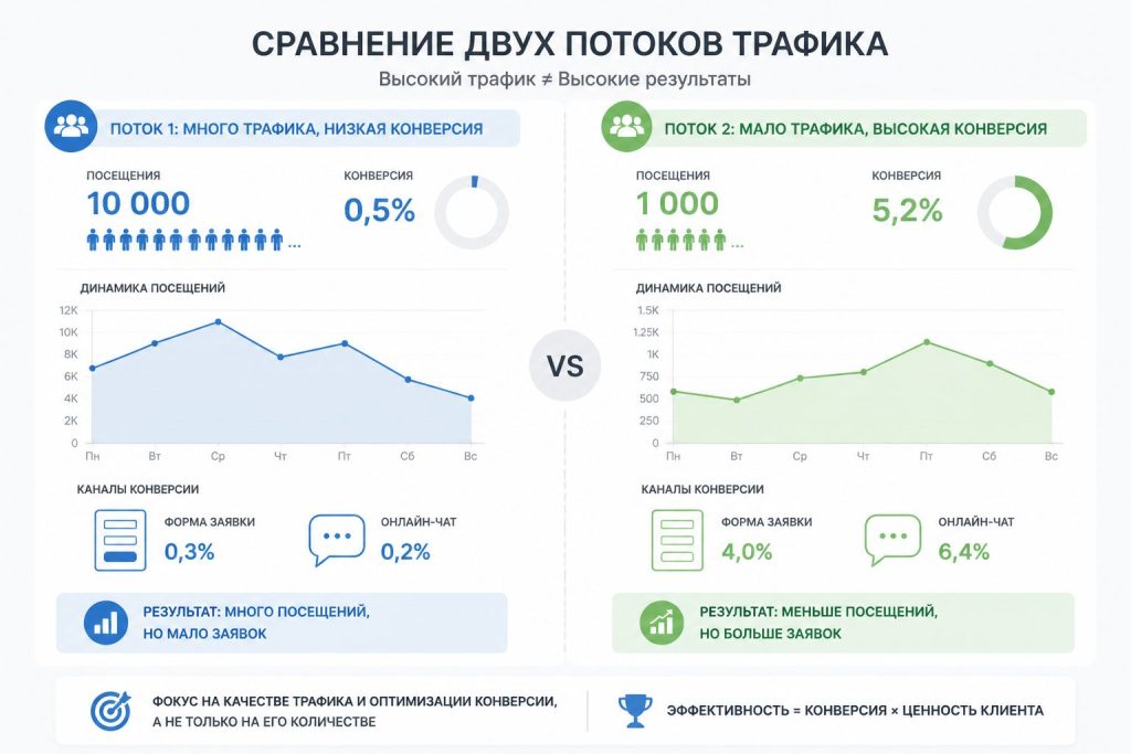 Сравнение трафика: много посетителей vs потенциальные покупатели
