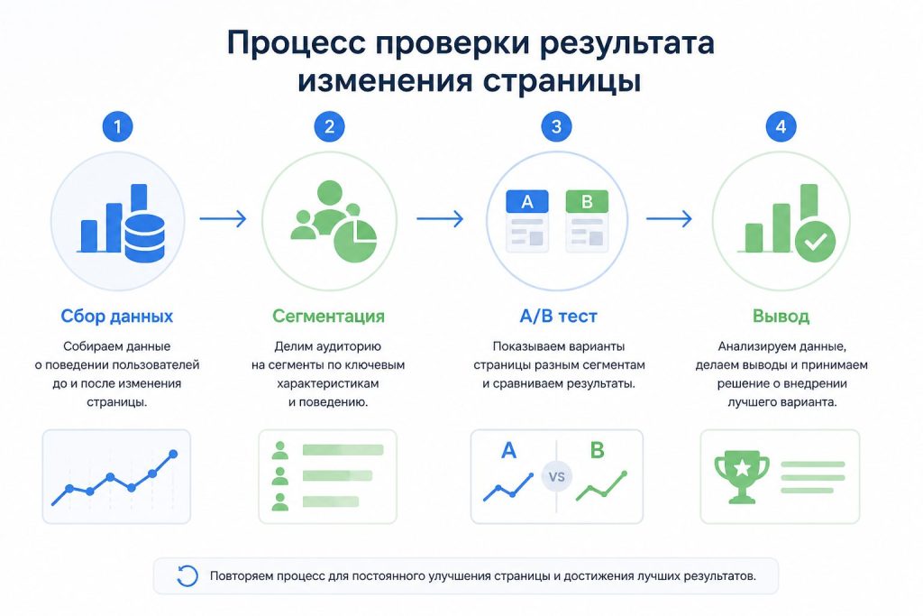 Инфографика проверки результата изменения страницы с метриками и шагами