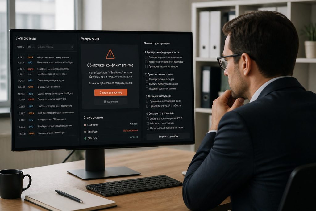 владелец бизнеса проверяет логи для контроля AI‑сотрудников