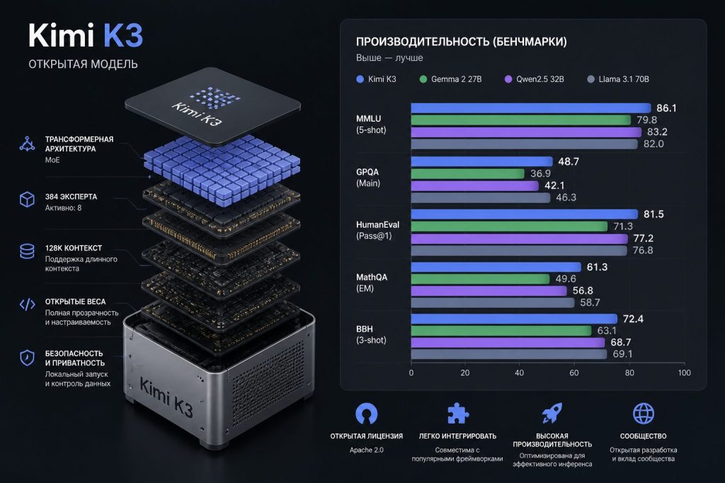 Иллюстрация открытой модели Kimi K3 рядом с графиком производительности