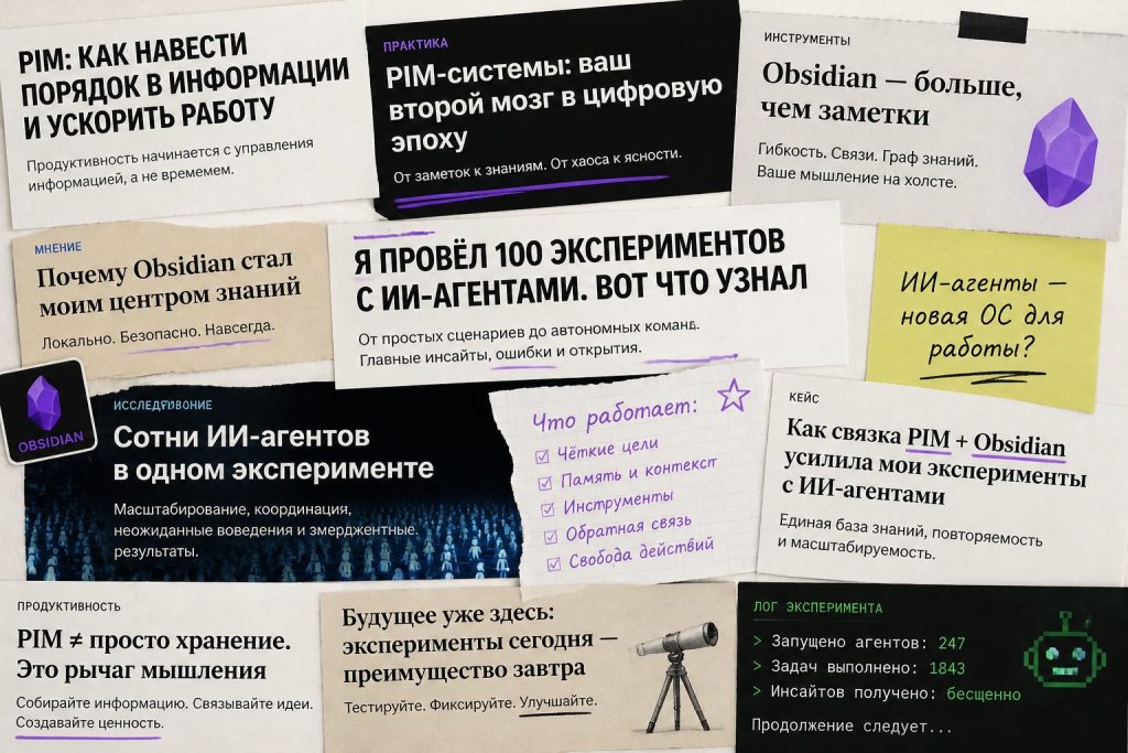 Коллаж заголовков о PIM, Obsidian и агентных экспериментах