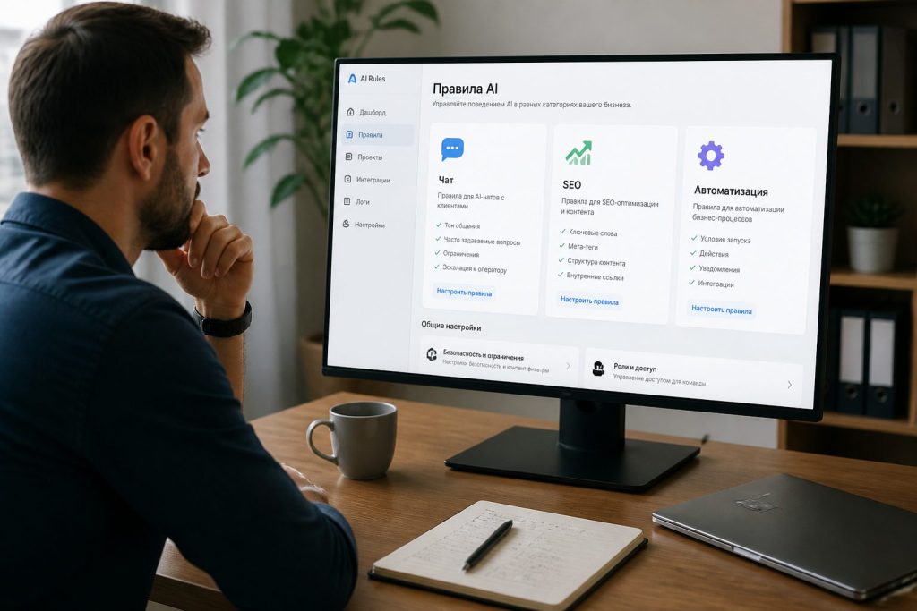 Панель управления AI-помощниками с отдельными правилами для чата, SEO и обработки заявок