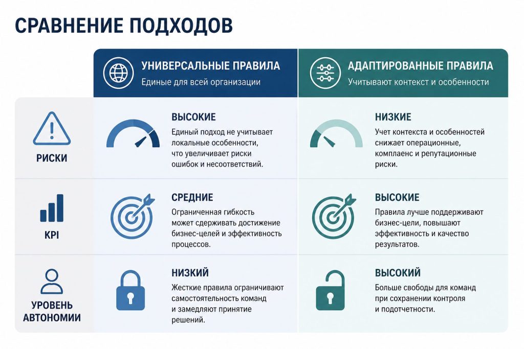 Таблица сравнения универсальных правил и адаптированных правил для AI