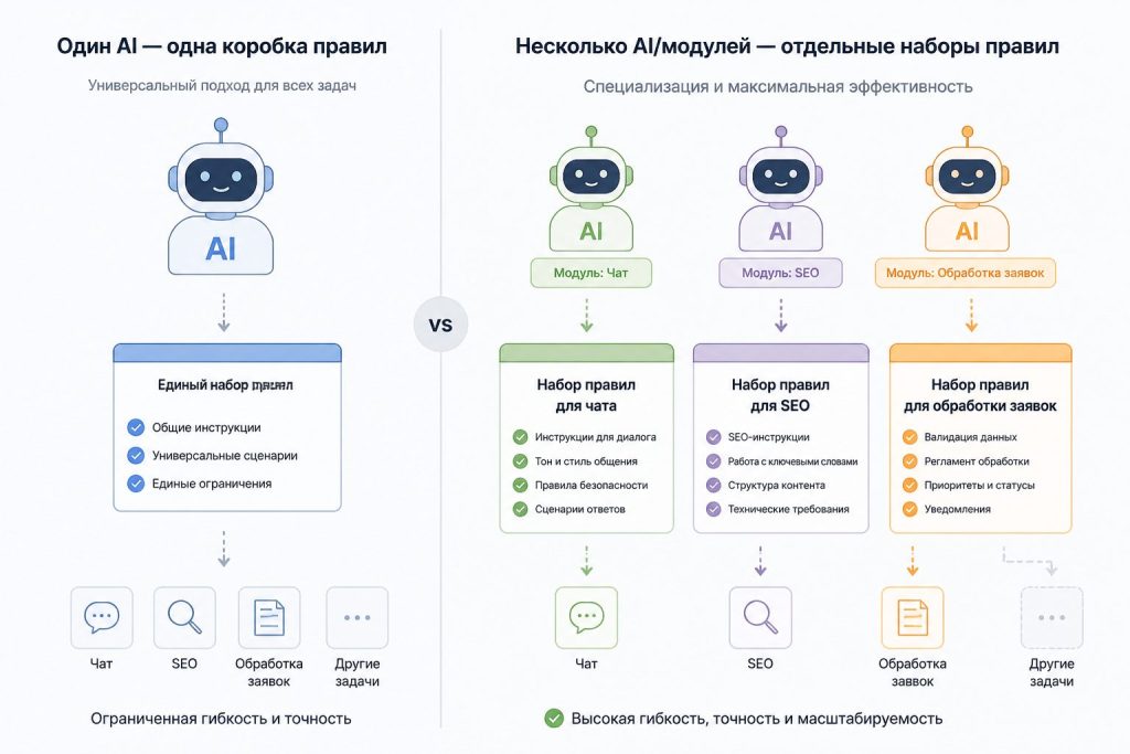 Сравнение один AI с одинаковыми правилами и несколько модулей с адаптированными правилами