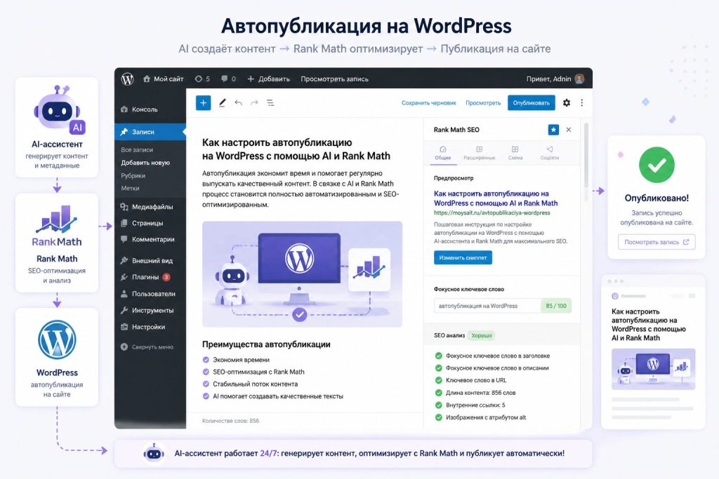 автопубликация WordPress и настройка Rank Math при тестировании