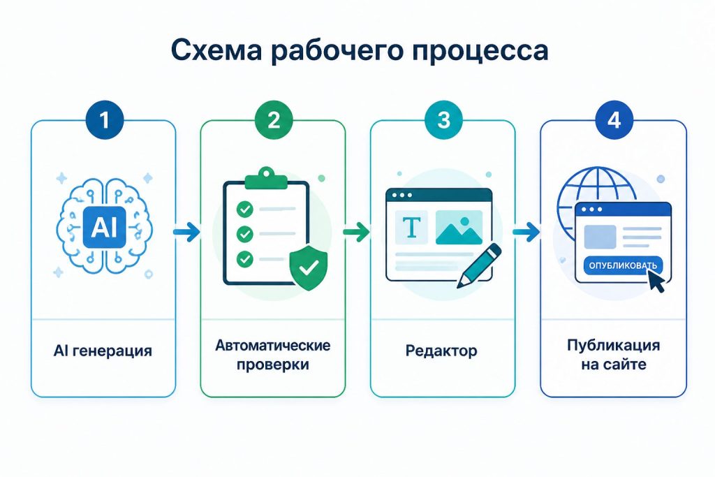 Схема: генерация текста, проверки, ручная публикация