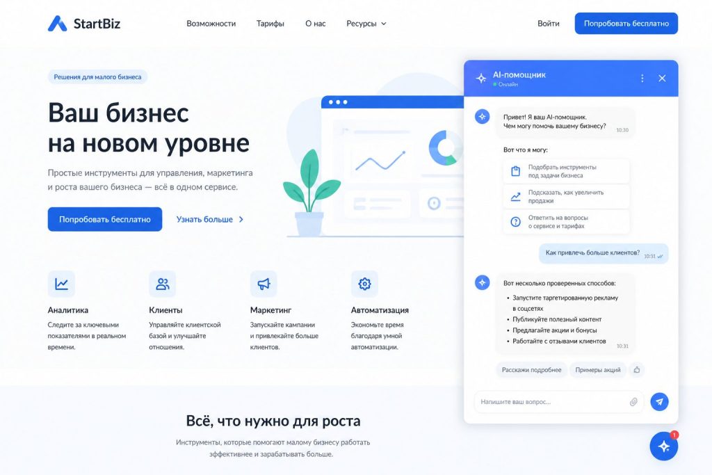 AI‑чат на сайте — сайт самостоятельно отвечает и создаёт задачи