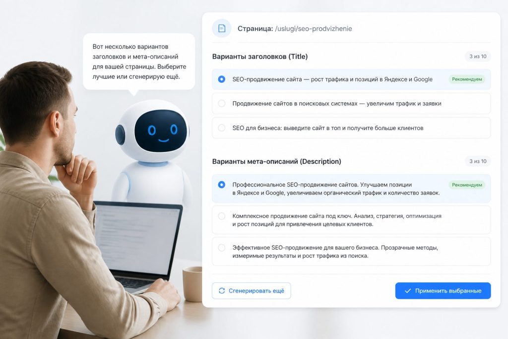 AI-помощник генерирует варианты заголовков и мета-описаний