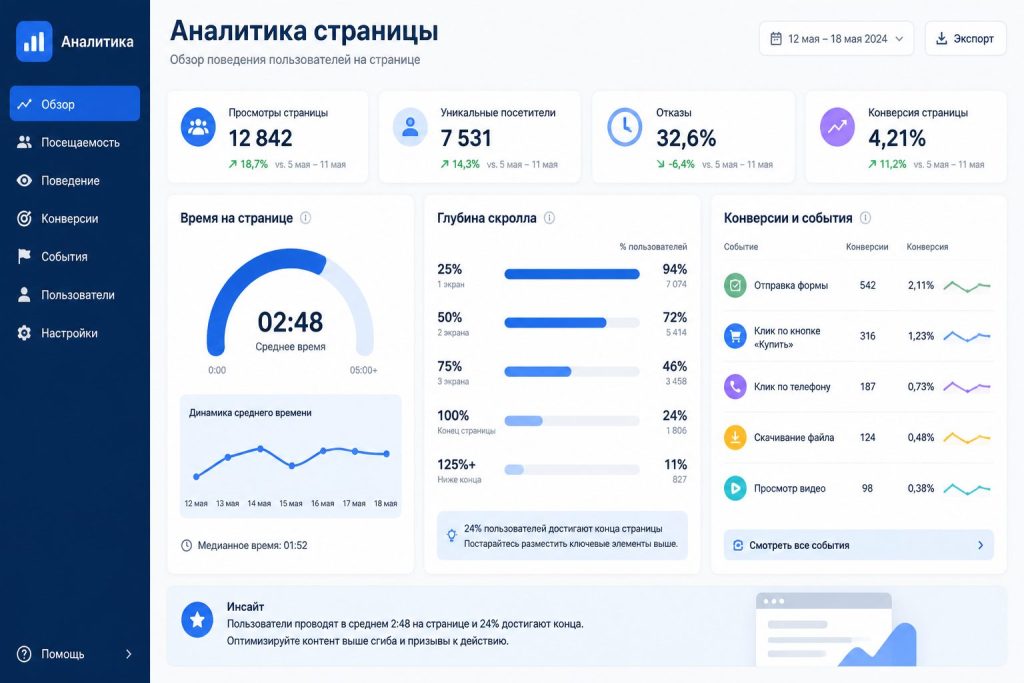 Аналитика сайта: время на странице и события