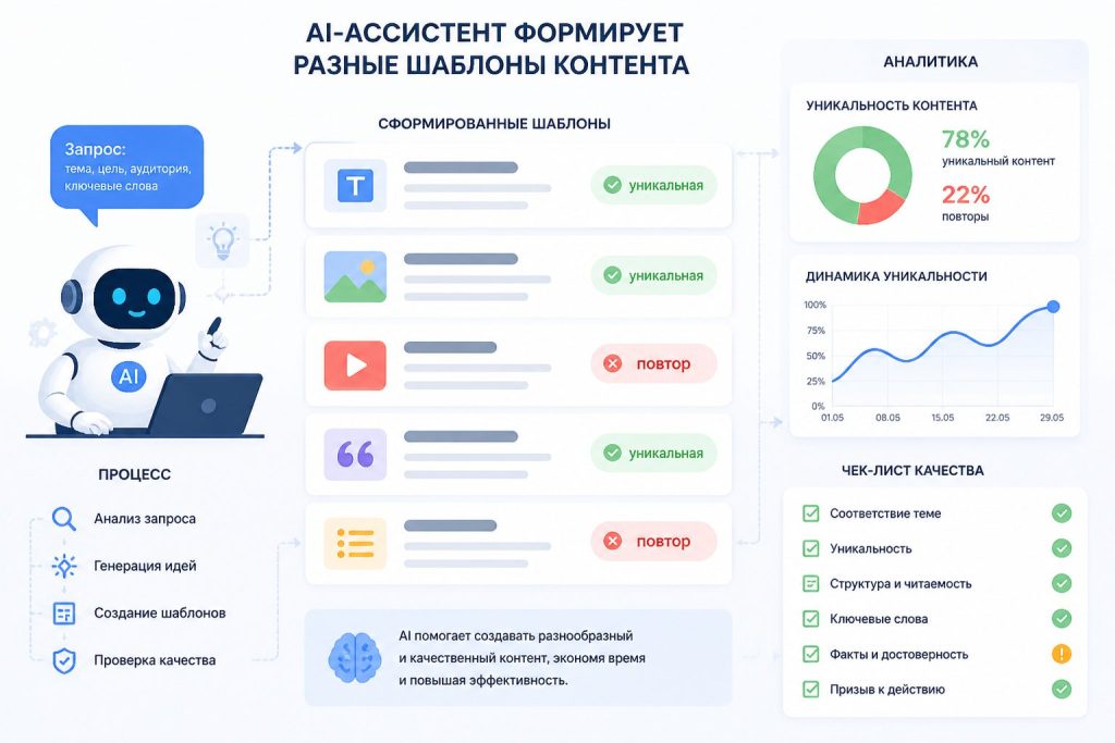 AI-ассистент генерирует разнообразные шаблоны контента для автопубликации